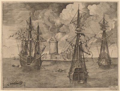 Viermaster (Links) en Twee Drie-Masters Geankerd bij een Versterkt Eiland met een Vuurtoren door Frans Huys after Pieter Bruegel the Elder