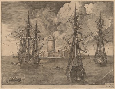 Viermaster (Links) en Twee Drie-Masters Geankerd bij een Versterkt Eiland met een Vuurtoren door Frans Huys after Pieter Bruegel the Elder