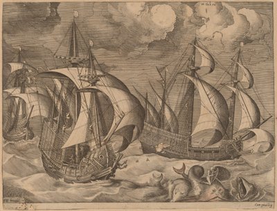Drie karvelen in een opkomende storm met Adrion op een dolfijn door Frans Huys after Pieter Bruegel the Elder