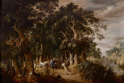 Een open plek in een dicht bebost landschap met veel dieren en Orpheus aangevallen door de Thracische vrouwen door Frans II Francken