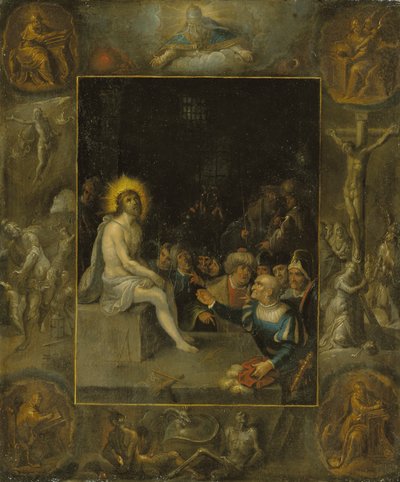 De bespotting van Christus, in een grisaille-omlijsting die God de Vader, de Evangelisten, de Kruisiging, de Opstanding en de Duivel en de Dood met de Gekroonde Slang afbeeldt door Frans II the Younger Francken