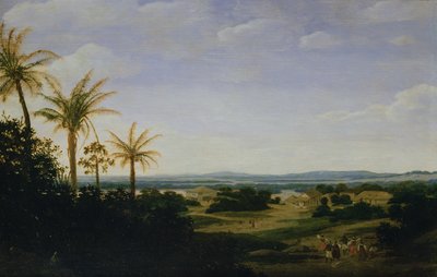 Braziliaans landschap met de Portugese residentie, de kerk en de Casa Granda, de rivier Varzea daarachter door Frans Post