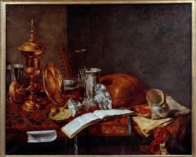 Stilleven met kunstobjecten (koperen beker, zilverwerk, luit). Dunkerque, Musée des Beaux Arts door Frans Ryckhals