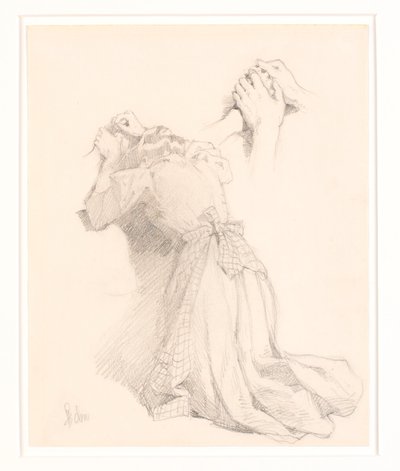 Een blad met vijf potloodschetsen. Vrouwelijke figuren. Studie van handen. door Frans Schwartz