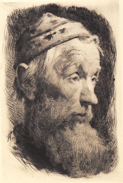 Oude man met witte wollen muts, profiel naar rechts door Frans Schwartz