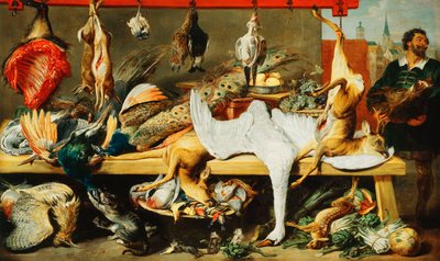 Een slagerskraam met katten en kittens die spelen en een slager die een zwijnenkop vasthoudt door Frans Snyders or Snijders