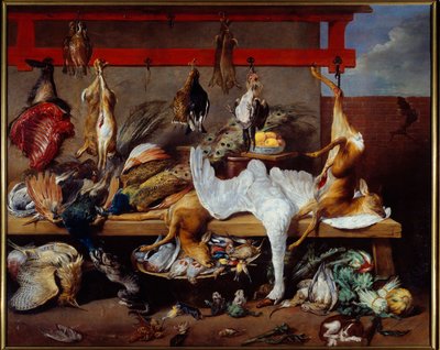Keukentafel met wild, vis en peulvruchten door Frans Snyders