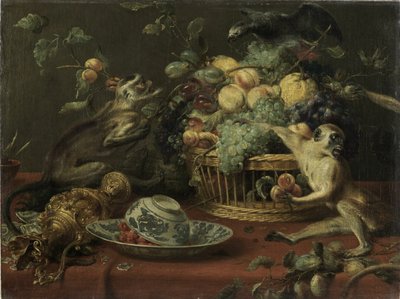 Apen en papegaai bij een fruitmand door Frans Snyders
