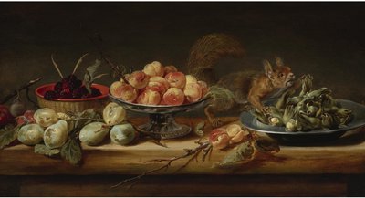 Stilleven met perziken in een Tazza, hazelnoten op een tinnen bord, frambozen in een mandje, met peren en een eekhoorn op een tafel
olieverf op paneel door Frans Snyders