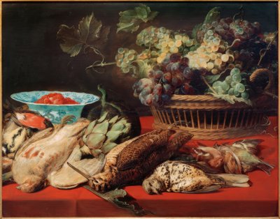 Stilleven – Mand met druiven, vogels en aardbeien door Frans Snyders