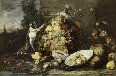 Drie apen die vruchten stelen, met uitzicht op een landschap door Frans Snyders