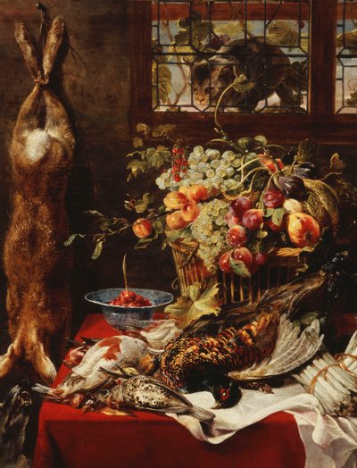 Een Voorraadkast Stilleven met Fruit, Wild en een Kat bij een Raam door Frans Snyders or Snijders