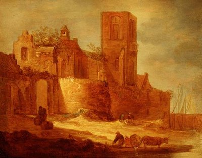 Een verwoeste abdij bij een waterweg met boeren en vee op de voorgrond door Frans de Hulst