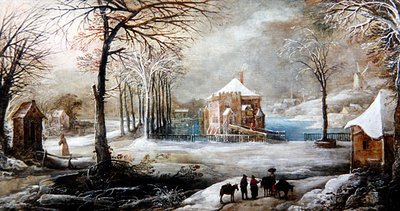 Een winterlandschap met figuren en paarden door Frans de Momper