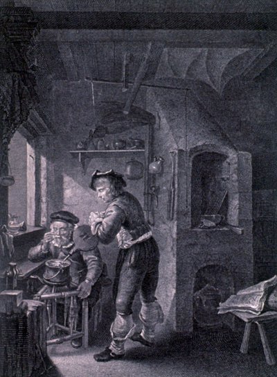 Een 17e-eeuws laboratorium door Frans van (after) Mieris
