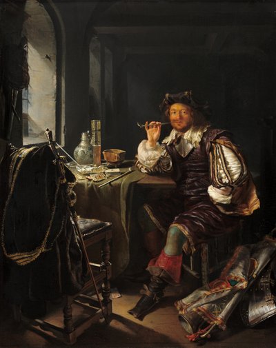 Een Soldaat die een Pijp Rookt, ca. 1657-1658 door Frans van Mieris