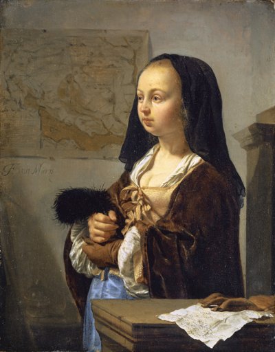 Jonge vrouw met veren waaier klaar om uit te gaan, 1657-59 door Frans van Mieris