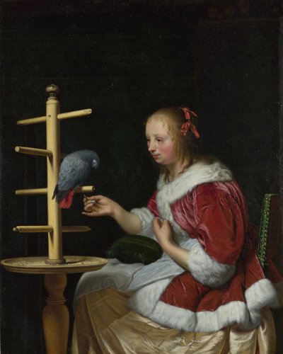 Een vrouw in een rood jasje die een papegaai voedt door Frans van Mieris the Elder
