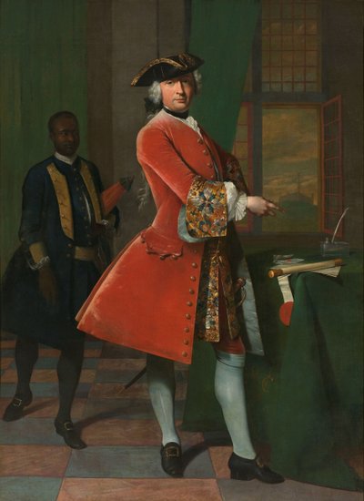Portret van Jan Pranger en een tot slaaf gemaakte bediende door Frans van der Mijn