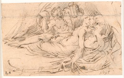 Slapende vrouw bespied door satyr met lantaarn in de hand door Frantz Cleyn