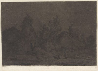 Maanlichtscène met figuren voor een hut door Franz Edmund Weirotter