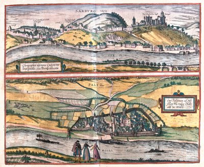 Nauwkeurig overzicht van de stad Saarburg en de stad Pfaltz an der Mosel, Duitsland (gravure) door Franz Hogenberg