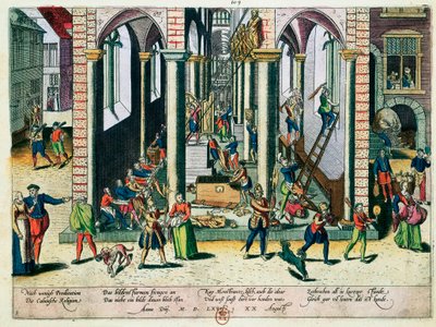 Vernietiging van relikwieën en beelden in kerken, april 1566 (gekleurde gravure) door Franz Hogenberg