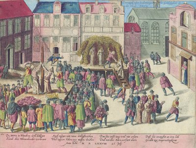 Executie in Brugge door verbranding van drie monniken voor sodomie, 28 juni 1578 door Franz Hogenberg