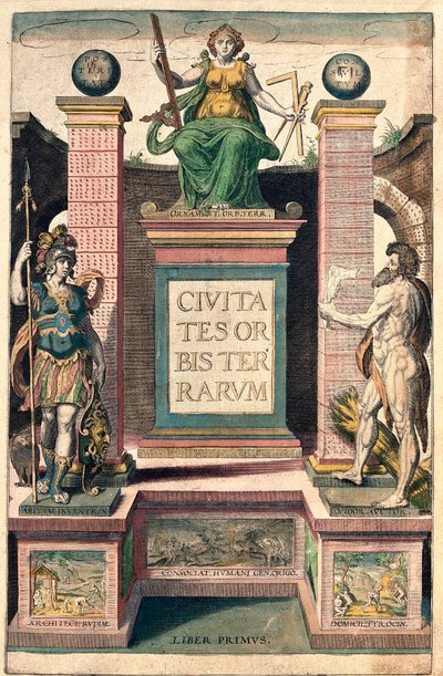 Frontispice van het eerste volume: allegorie van geografie, een vrouw met passer, vierkant en liniaal, boven een vrouwelijke soldaat en een naakte man door Franz Hogenberg