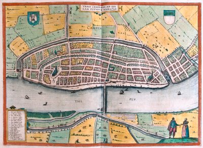 Kampen en de rivier IJssel, Nederland (gravure) door Franz Hogenberg