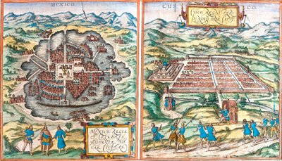 Kaart van Mexico en Cuzco, Peru (ets) door Franz Hogenberg