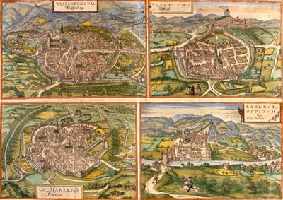 Kaart van Weissenburg in Duitsland, Rouffach en Colmar in Frankrijk en Baden in Zwitserland door Franz Hogenberg