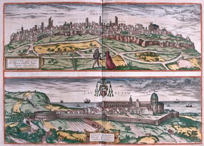 Orvieto en Heiligdom van Loreto, Italië (gravure) door Franz Hogenberg