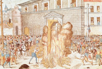 De executie van de magistraat Anne du Bourg veroordeeld tot ophanging gevolgd door het verbranden van het lijk, 23 december door Franz Hogenberg