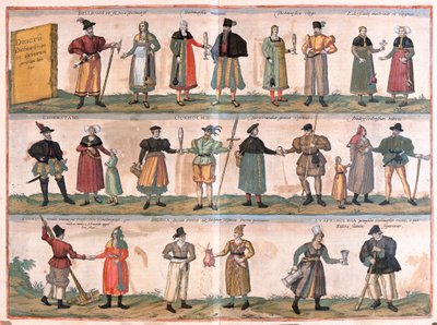 Verschillende kostuums uit Dithmarschen en omgeving, Duitsland (gravure) door Franz Hogenberg