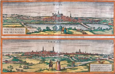 Gezichten van Mons (België) en Arras, Frankrijk (ets) door Franz Hogenberg