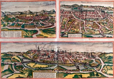 Zichten op Montpellier (Monspessulanus), Tours (Turo) en Poitiers (Pictavis), Frankrijk (ets) door Franz Hogenberg