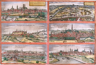 Gezichten van München (Monacum) Ingolstadt (Ingolstadium), Freising (Frisingensis), Nordlingen (Nordlinga), Regensburg (Ratispona) en Straubing (Stravbinga), Duitsland door Franz Hogenberg