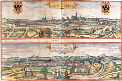 Gezichten van Wenen, Oostenrijk en Boedapest, Hongarije (ets) door Franz Hogenberg