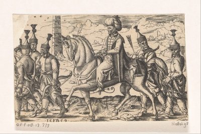 Sultan te paard vergezeld door soldaten door Franz Isaac Brun