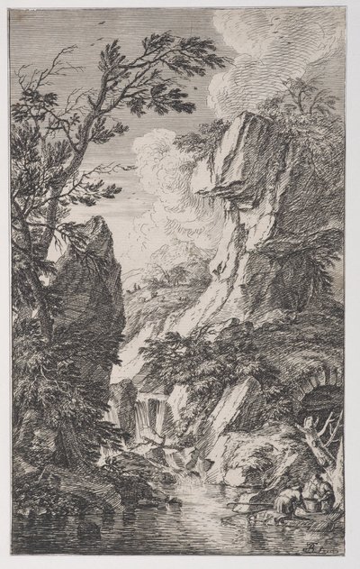 Plaat 4: twee vissers aan de oever van een stroom rechts, een waterval in het midden, ca. 1700-25 door Franz Joachim Beich
