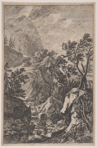 Plaat 6: twee mannelijke figuren staand op een rots rechts, een waterval in het midden, ca. 1700-25 door Franz Joachim Beich