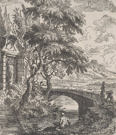 Plaat 7: twee figuren rechts op het punt een stenen brug over te steken, een visser op de voorgrond, ca. 1700-1725 door Franz Joachim Beich