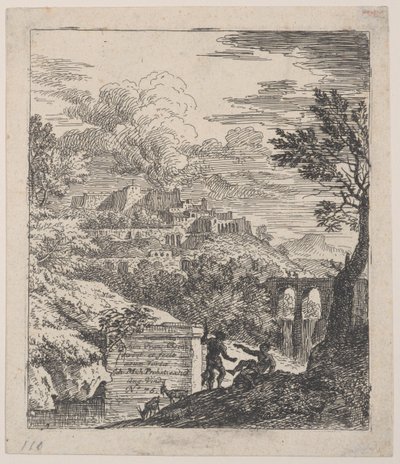 Twee herders rustend naast een voetstuk, een aquaduct rechts op de achtergrond, ca. 1700-25 door Franz Joachim Beich