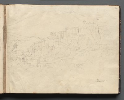 Album met gezichten op Rome en omgeving, landschapsstudies, pagina 02a: "Olevano". door Franz Johann Heinrich Nadorp