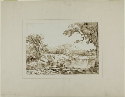 Landschap met Rivier, Verre Heuvels en Vissende Figuren op de Voorgrond door Franz Kobell