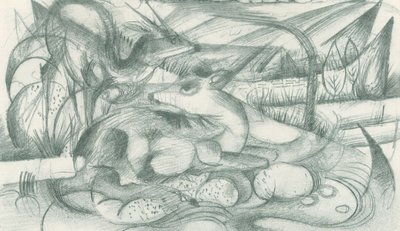 Hert en hinde in een oerlandschap door Franz Marc