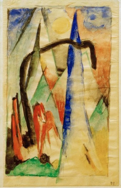 Paard in landschap met scherpe vormen door Franz Marc
