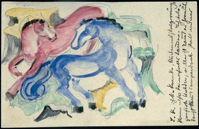 Rode en blauwe paarden door Franz Marc