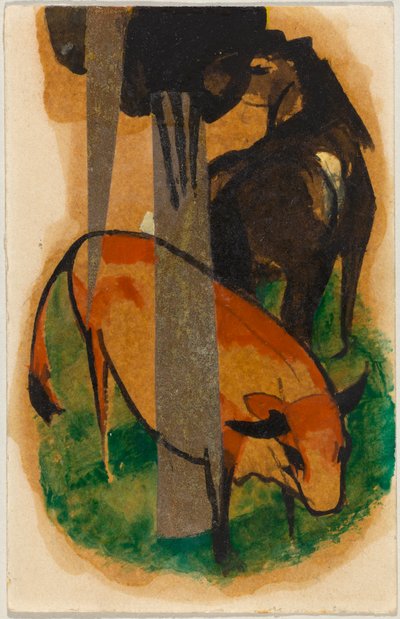 Rotes Pferd und gelbes Rind, Postkarte aus Sindelsdorf an Alfred Kubin door Franz Marc